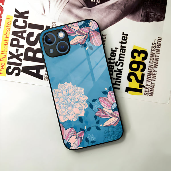 Blue Flower Glass Case Cover For iPhone