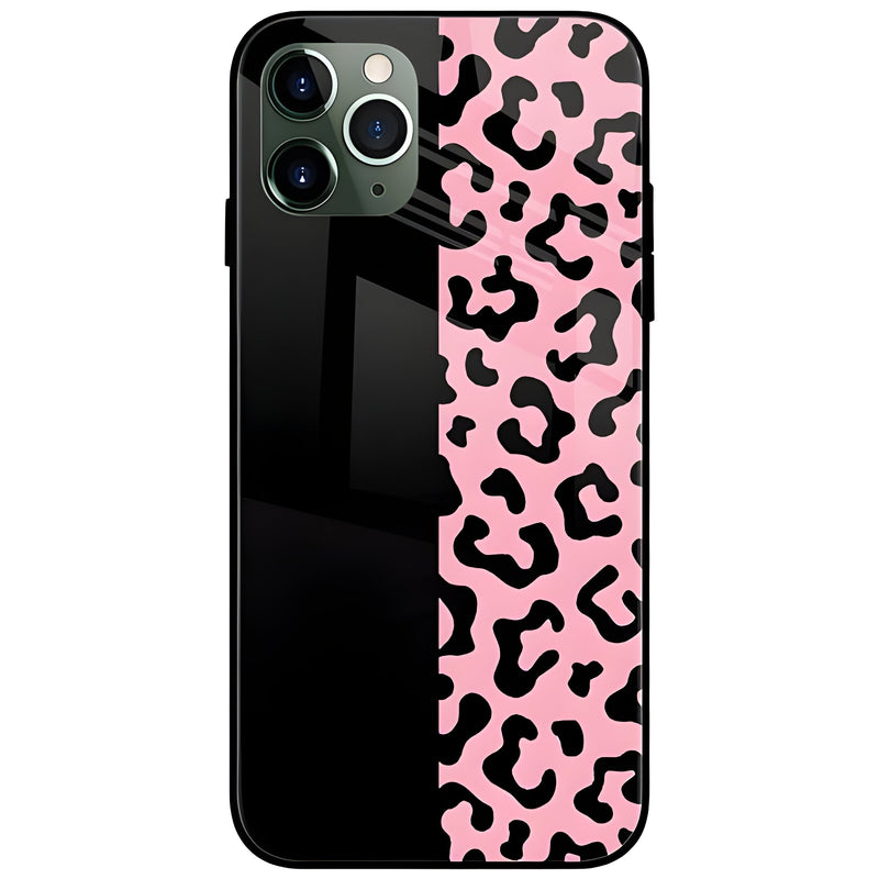 Half Pink Black Leopard Glass Case Back Cover