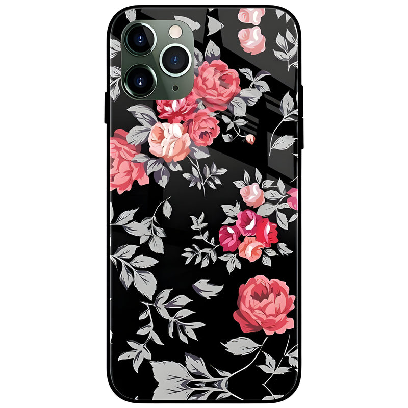 Pink Flowers Black Glass Case Back Cover