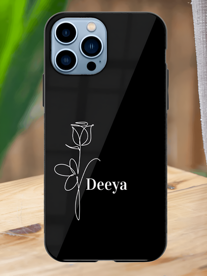 Rose Outline Designer Premium Glass Case with Your Name