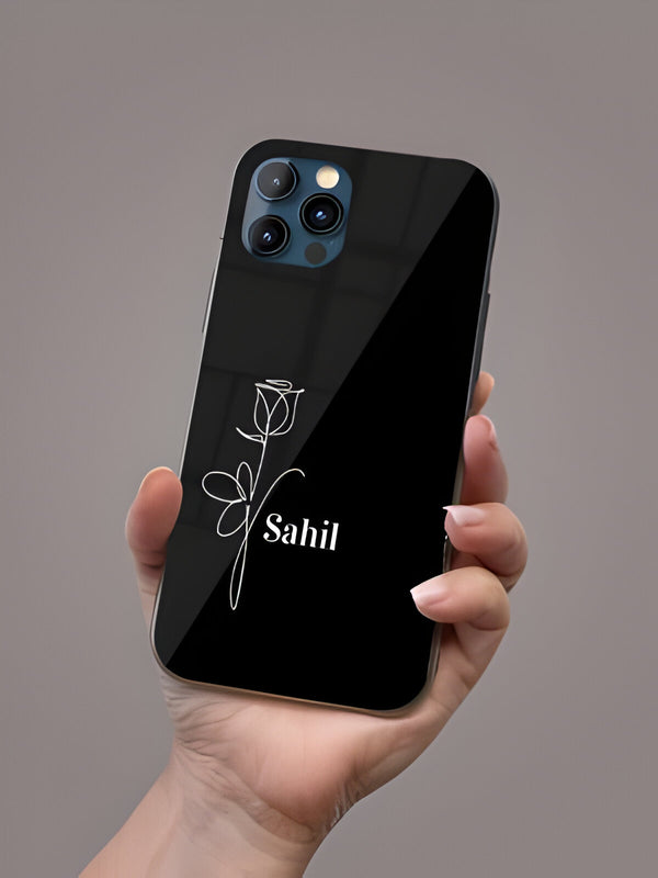 Rose Outline Designer Premium Glass Case with Your Name